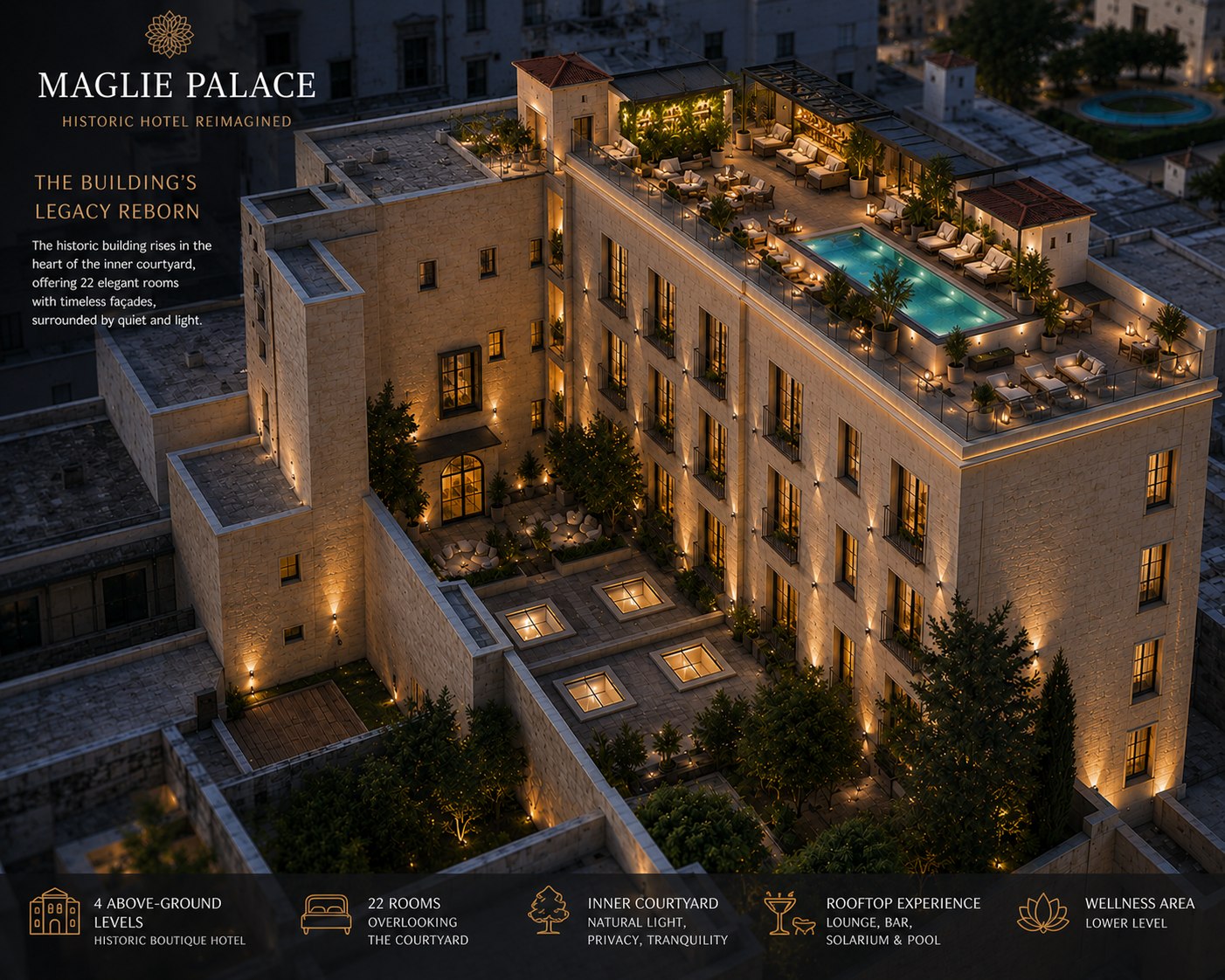 Aerial view of the building showing guest floors, internal courtyard and rooftop pool