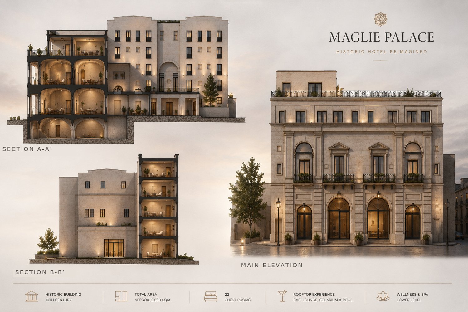 Restored principal elevation onto Piazza Capece with building sections