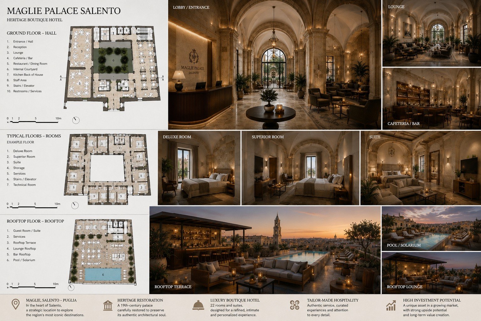 Maglie Palace overview board — floor plans and concept renders across all levels