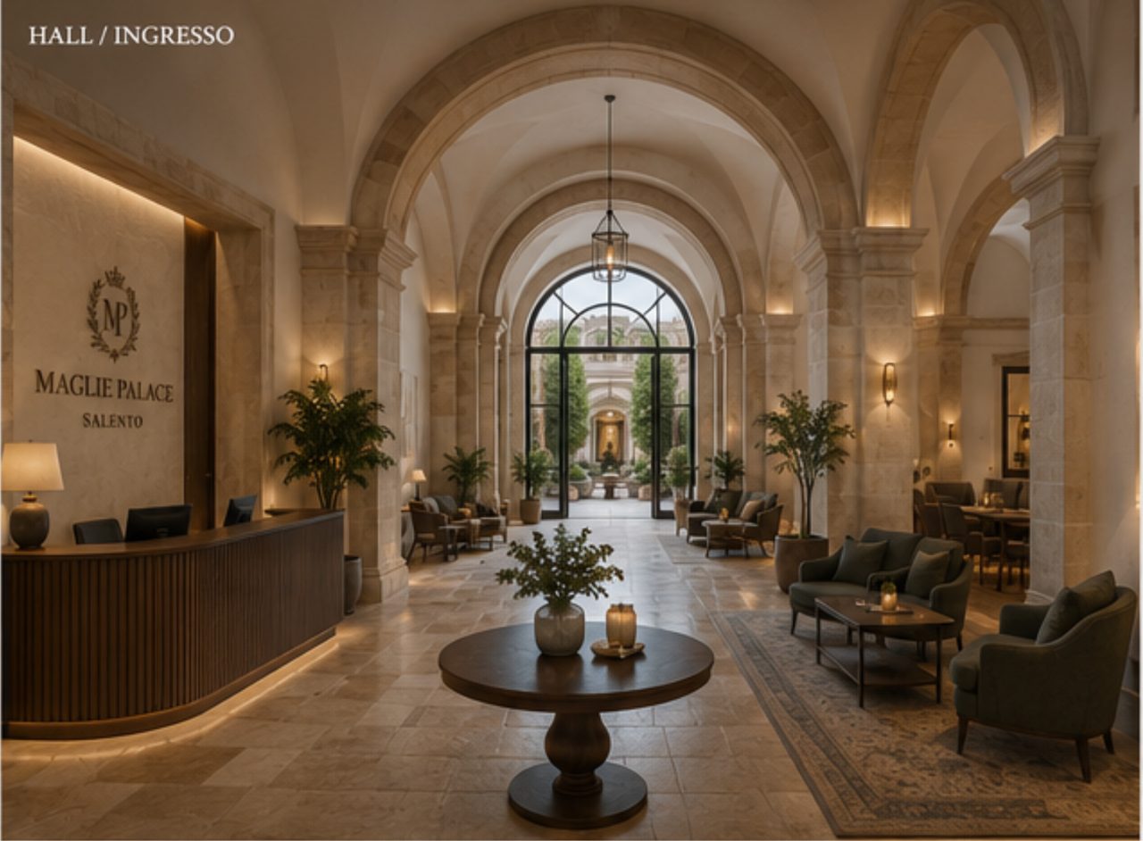 Grand lobby and reception under historic stone vaults