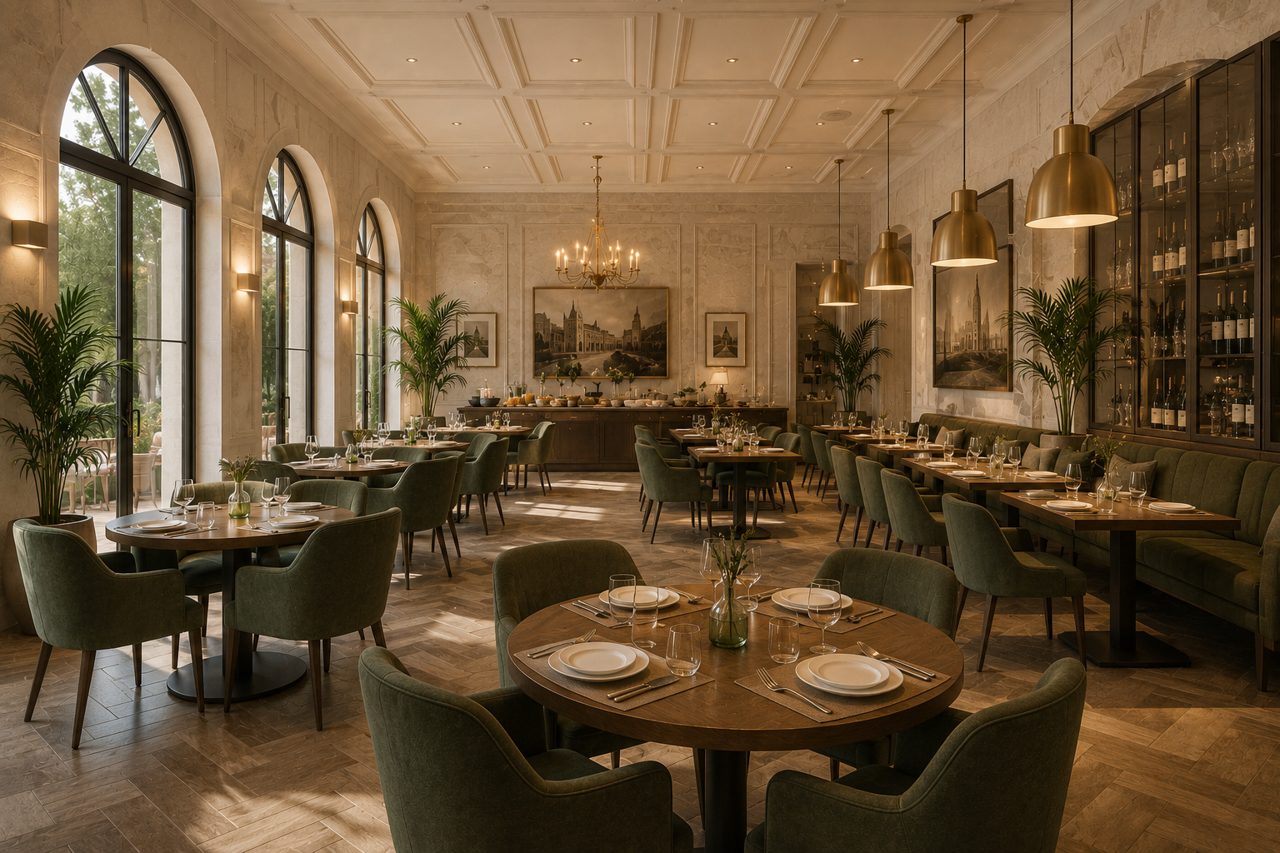 Restaurant and breakfast hall under stone arches