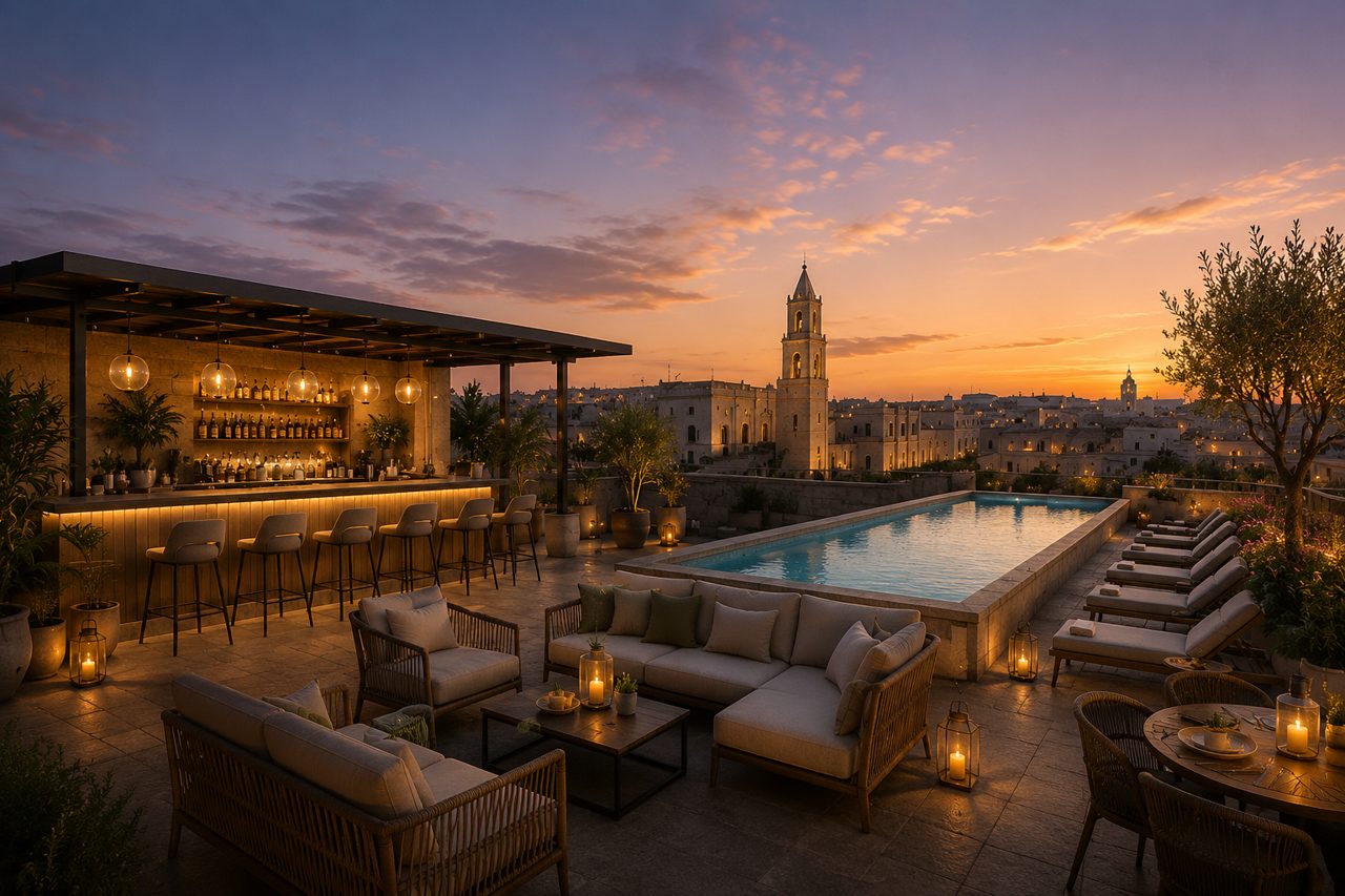 Panoramic rooftop terrace at dusk with pool and lounge seating
