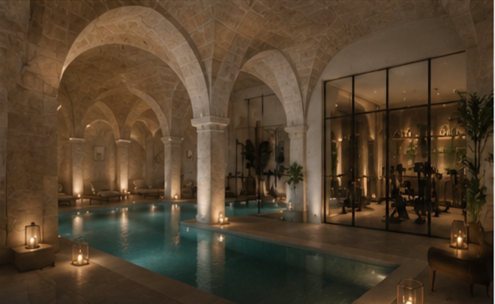Vaulted wellness and spa level with indoor pool and fitness area